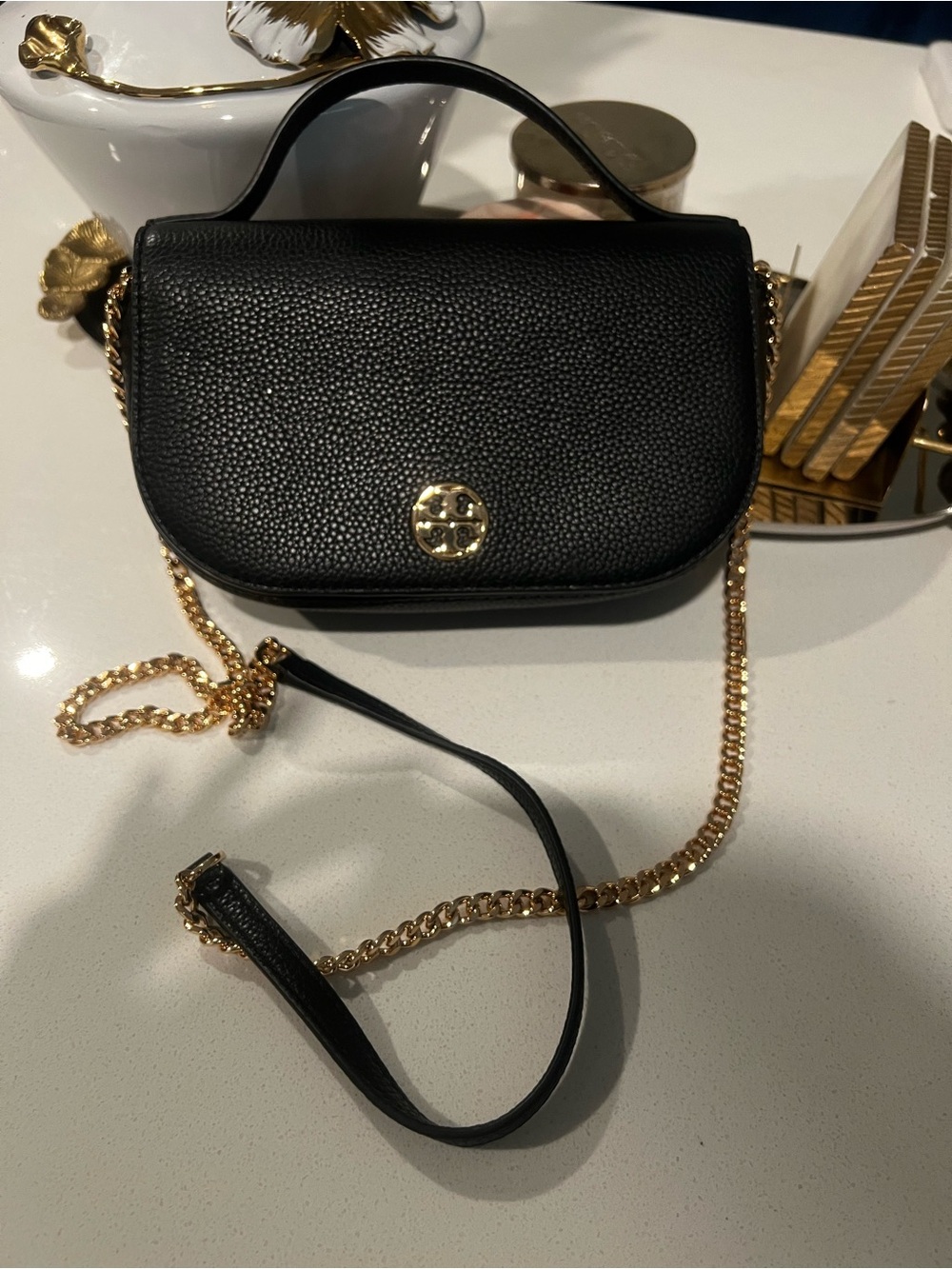 Tory Burch Black Pebbled Leather Mini Top-Handle Crossbody with Gold Hardware